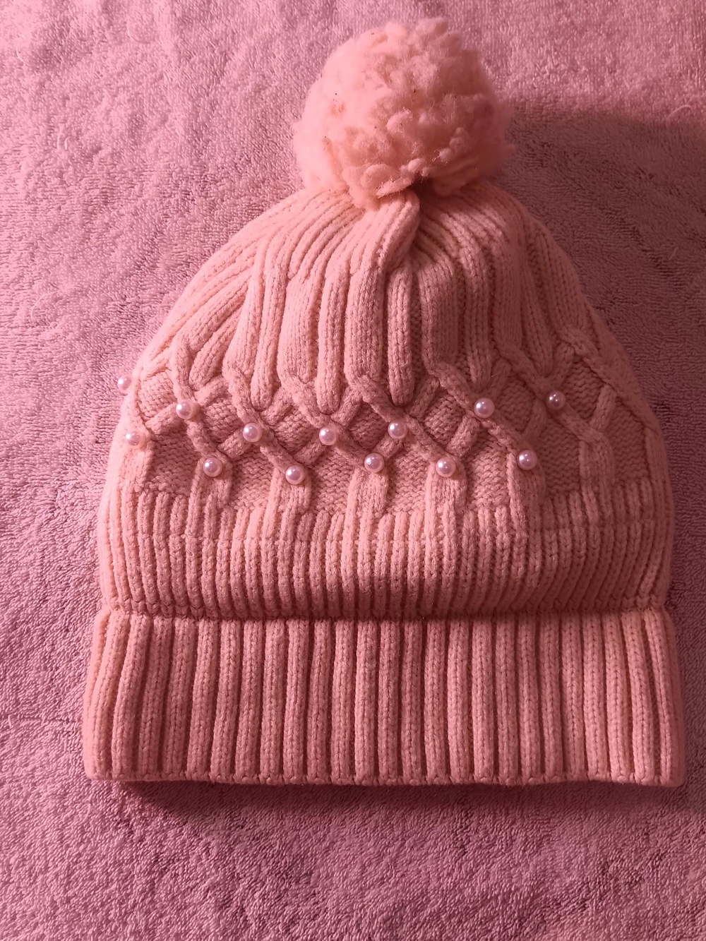 Kids Knit Pom Pom Beanie with Pearls - Pink